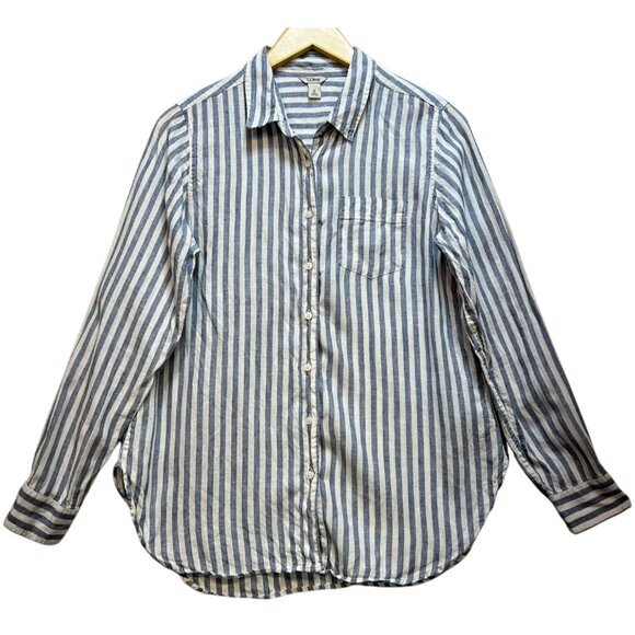 L.L.Bean Women's Linen Button Up Shirt Long Sleeve Size M White Blue Stripe - Picture 1 of 13
